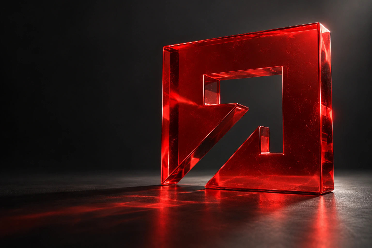 A sculptural interpretation of Stand2’s arrow mark in translucent red glass